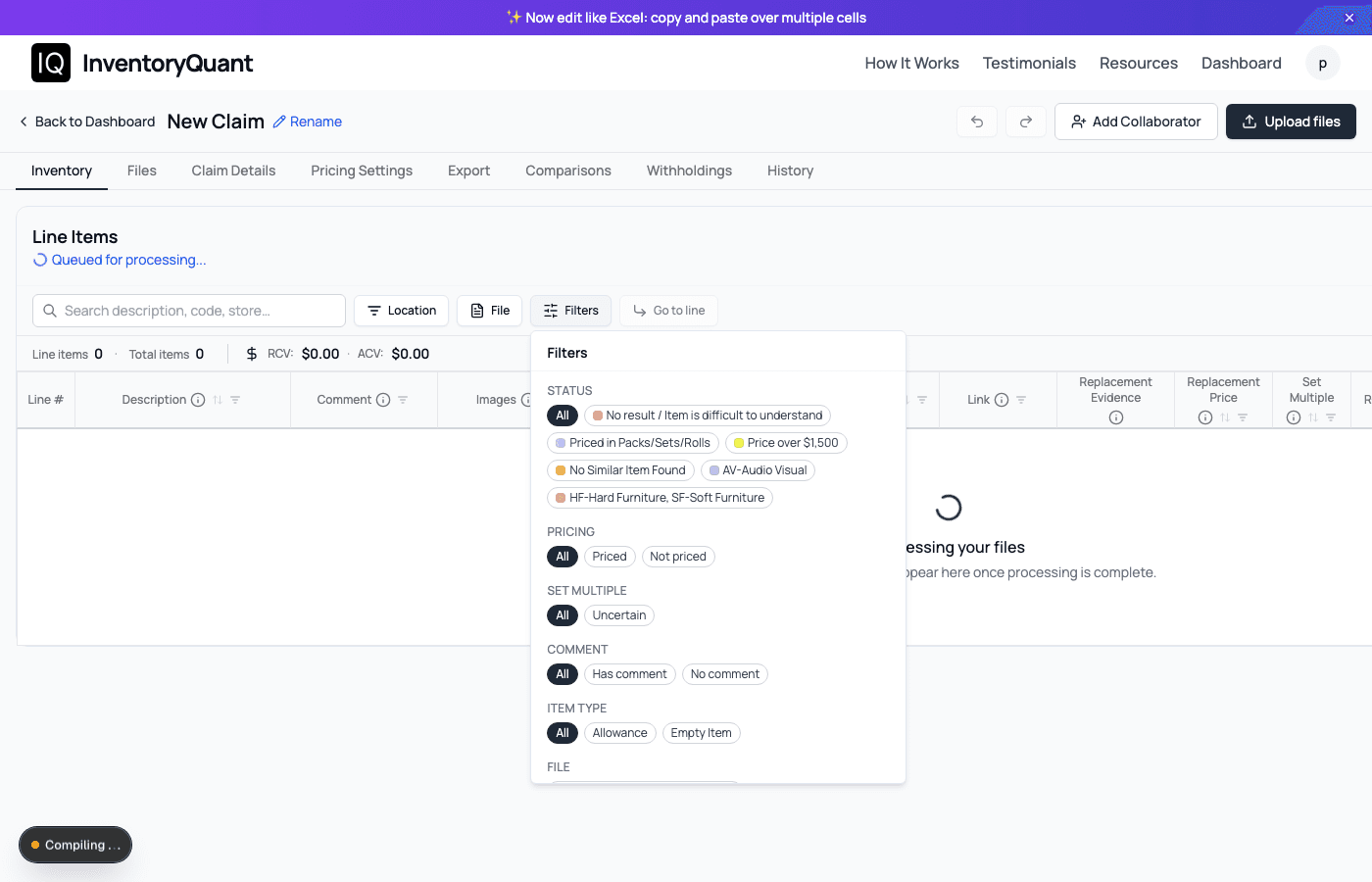 The Filters panel in InventoryQuant showing options for Status, Pricing, Comment, and more