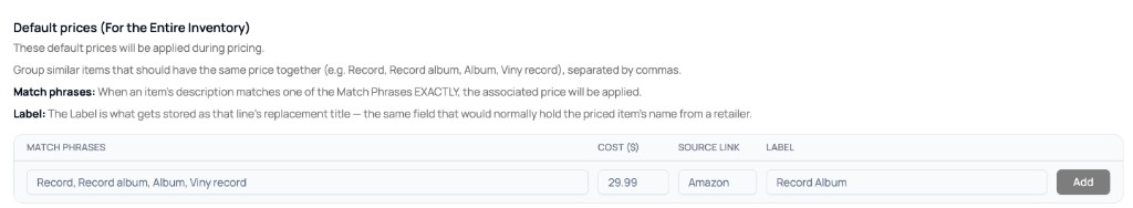 pricing settings tab: Default prices (For the Entire Inventory)—match phrases, cost, source link, label, and Add